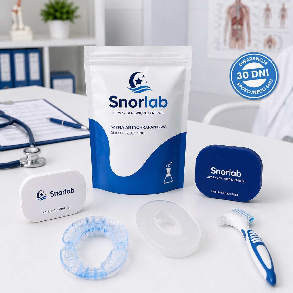 Zestaw SnorLab® — urządzenie, etui podróżne, szczoteczka i instrukcja